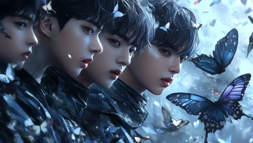 Midnight portraits drifting with electric blue butterflies.