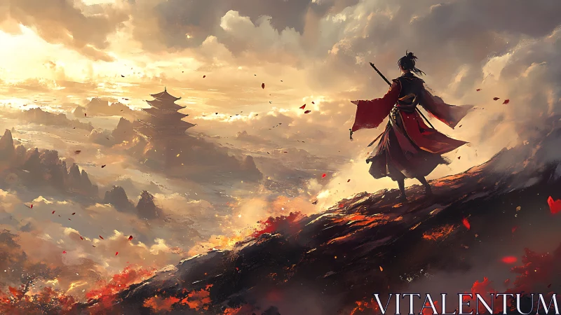 Lone warrior gazes toward a misty temple at burning dawn