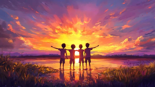 Children stand hand in hand as a radiant sunset ignites the sky
