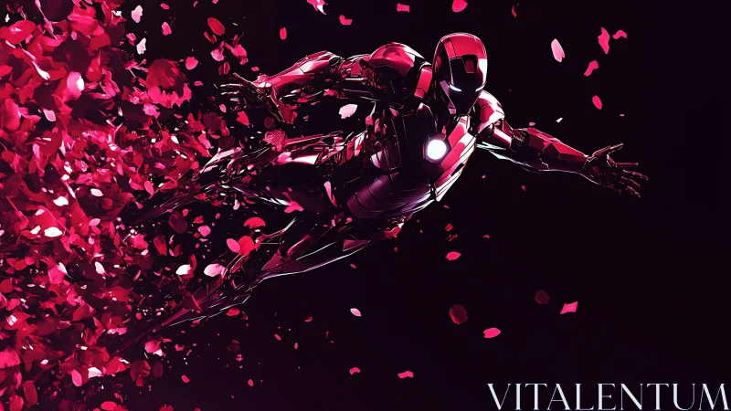 Armored flying figure emerging through scattering red petals