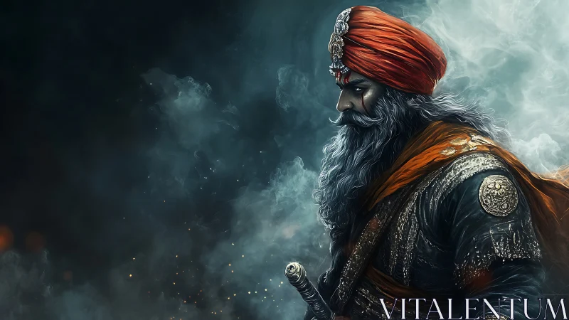 Bearded warrior in ornate armor stands in smoky darkness.