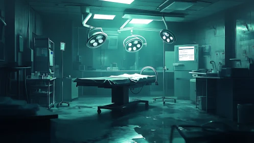 Quiet teal-lit surgery room holding a solitary mystery.