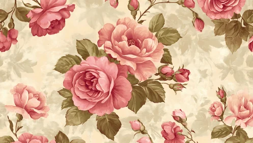 Romantic Floral Chinoiserie: Pink Roses with Botanical Motifs.