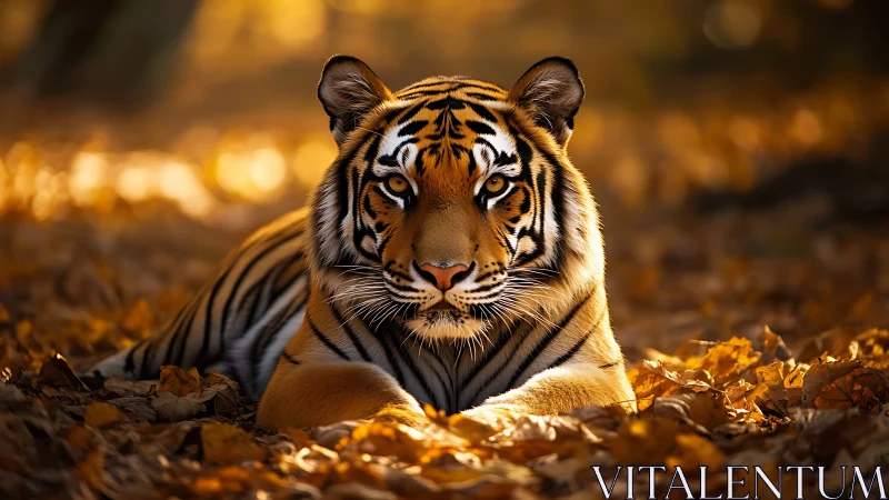 Amber-eyed forest tiger resting in a crown of autumn gold.