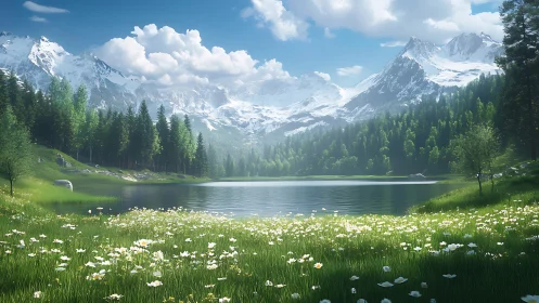 Snow-capped mountain range rises beyond forested alpine lake