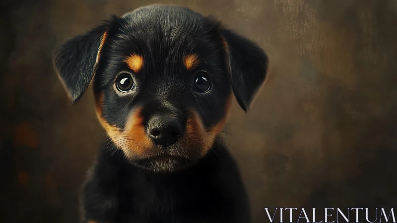 Photorealistic Rottweiler puppy portrait on muted studio ground.