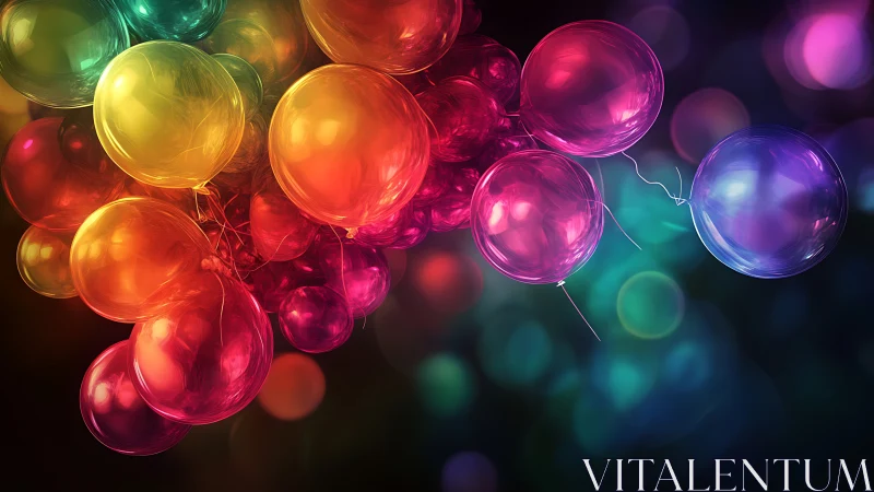 Luminous multicolor balloons glow against deep blurred bokeh