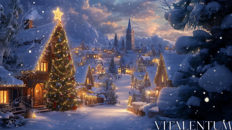 Snow-covered alpine village under festive Christmas lights.