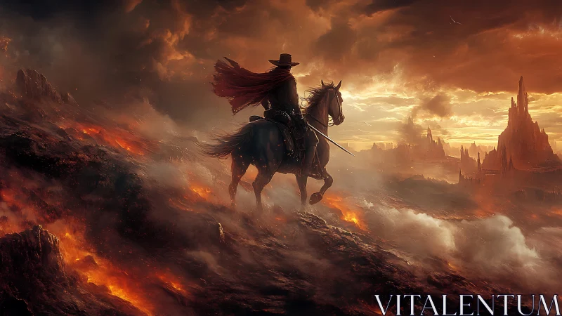 Lone rider carves a burning path across molten horizons