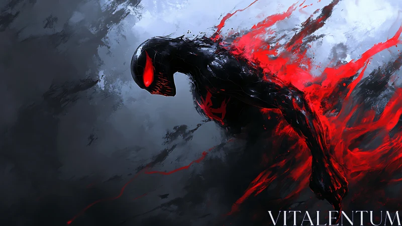 Symbiotic dark figure erupts through red kinetic brushstrokes