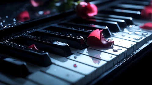 Wet piano keyboard with rose petals and shallow depth of field