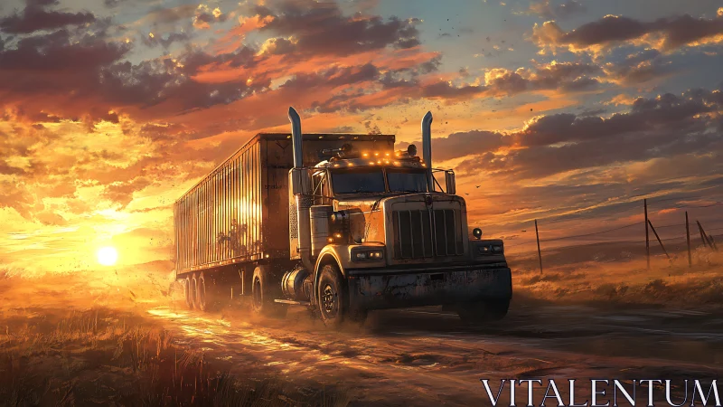 Sunstruck highway titan roaring through molten dusk sky.