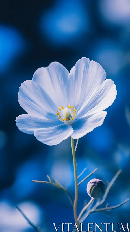 Delicate white flower glows softly against deep blue bokeh