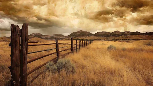 Weathered ranch fence divides golden prairie beneath storm clouds.