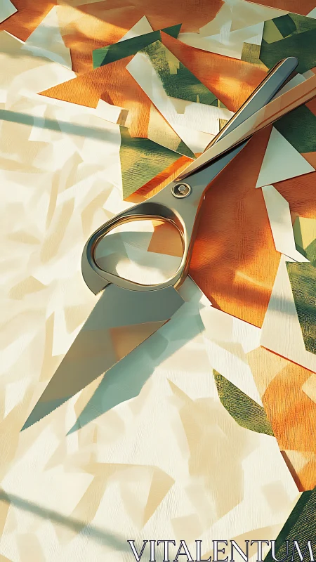 Scissors daydream above origami shards in warm studio light