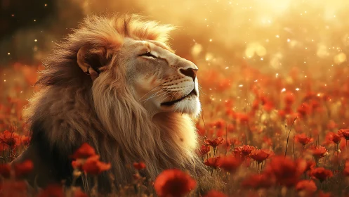 Backlit lion profile in shallow-depth poppy field bokeh haze