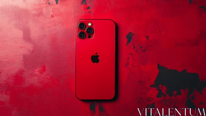 Red iPhone 12 Pro Max with Triple Camera System Against Textured Crimson Backdrop.