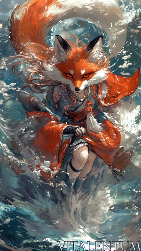 Fox spirit in red kimono emerging through swirling water.