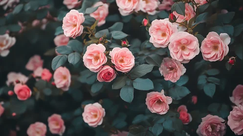 Pink Garden Roses Among Teal Foliage.