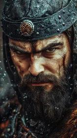 Battle-worn medieval warrior portrait in snowfall, hyperreal detail