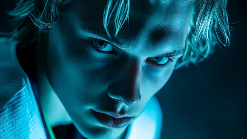 Cyan edge-lit portrait with high-intensity frontal gaze.