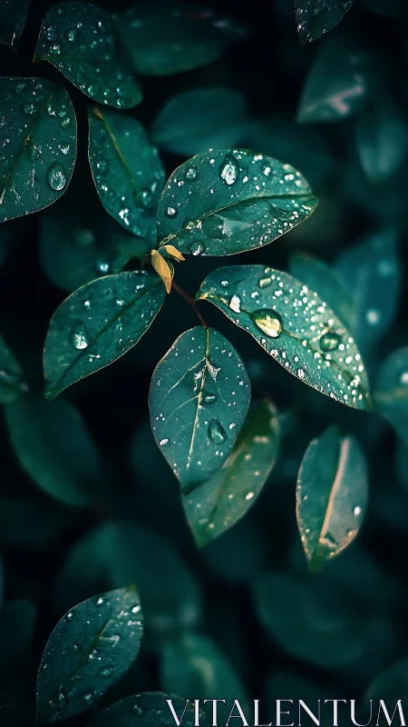 Macro foliage study with dew-laden leaves in low-key tonality.