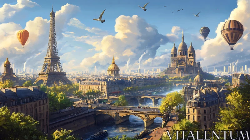 Paris cityscape shows Eiffel Tower, Sacré-Coeur and hot air balloons