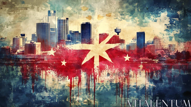 Urban skyline over abstract flag wash, bold mixed media.