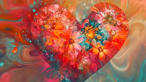 Heart form composed of layered floral elements and fluid abstract motion.