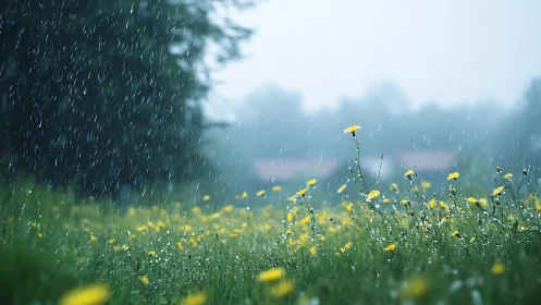 Yellow wildflowers in gentle rainfall over soft meadow.