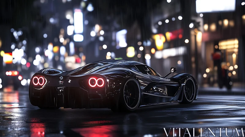 Black hypercar on wet neon city street at night scene.