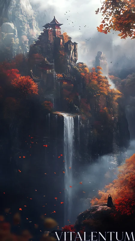 Clifftop temple overlooks tall waterfall and autumn valley