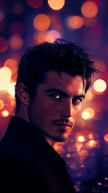 Moody male portrait against glowing city bokeh lights.