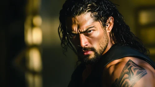 Intense warrior stares ahead in dramatic golden light.