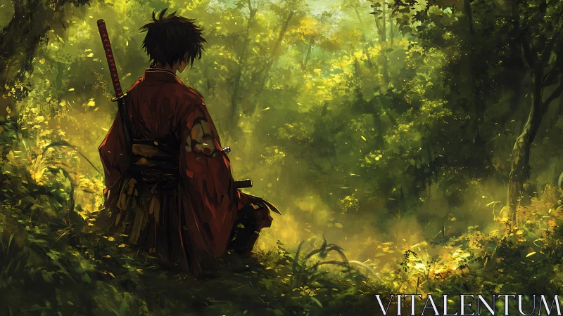 Digital painting of lone samurai framed in luminous forest glade.