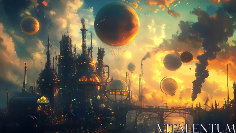 Industrial skyline with floating spheres at sunset time.