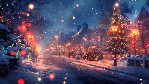 Snowy residential street with illuminated Christmas decorations at dusk