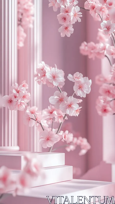 Cherry Blossoms in Monochrome Pink: Ethereal Window Garden.