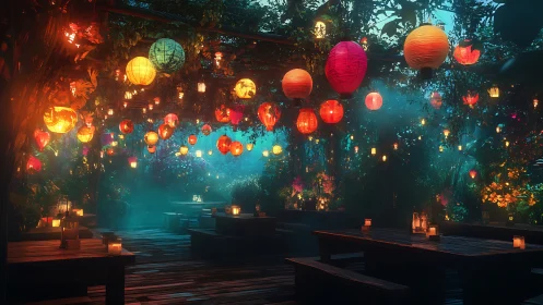 Lantern‑lit garden terrace uses volumetric fog and warm bokeh lighting