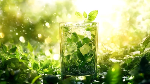 Mint Mojito Drink with Fresh Leaves and Ice.