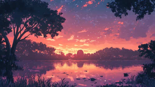 Lakeside forest horizon under vivid magenta-orange sunset sky