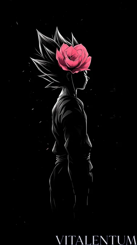Side-profile anime warrior silhouette with blooming rose crown