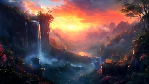 Sunlit waterfalls pour into a misty fantasy valley at dusk.
