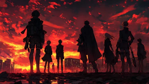 Friends standing strong beneath a blazing city sunset sky.