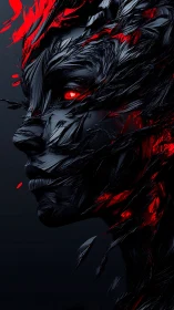 Shattered cybernetic face burns with red digital fury tonight