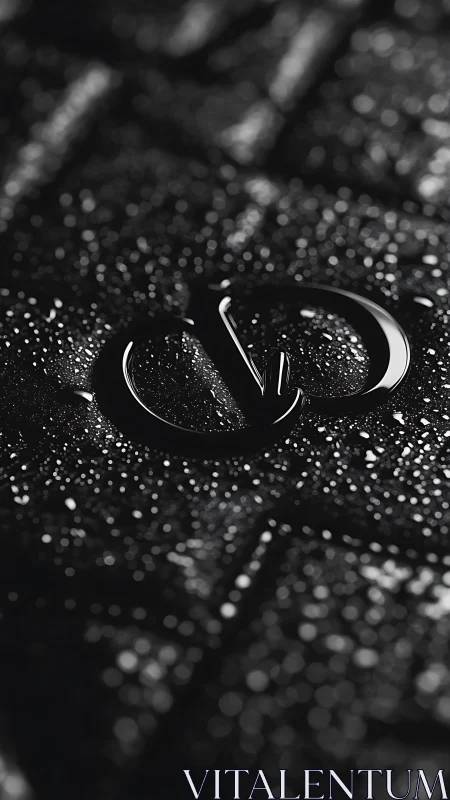 Macro shot of glossy monogram on wet textured black surface