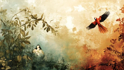 Parrot flight across textured duotone botanical gradient.