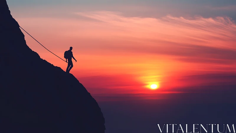 Climber descends steep peak against vivid red sunset sky
