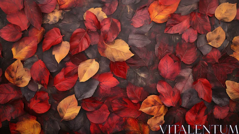 Crimson and gold autumn foliage on deep textured ground.