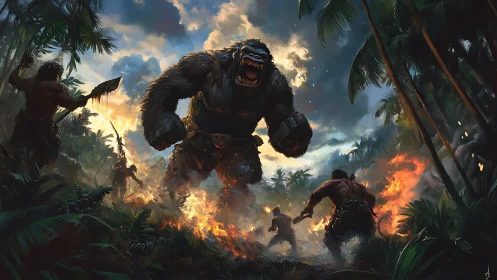 Giant jungle ape rages amid warriors and spreading firestorm.